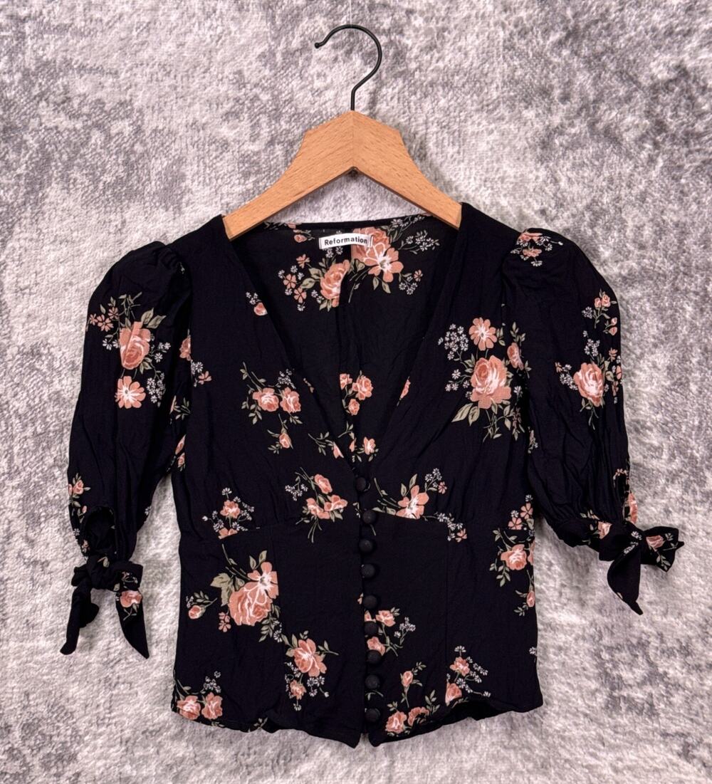 Reformation Ani Top 2 Womens Black Wildflower Floral Button Blouse
